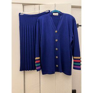 Vintage Ami Knits USA Blue Rainbow Stripes Sweater Skirt Set Women’s 18